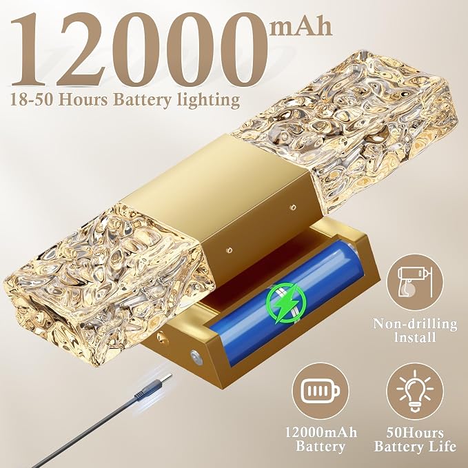 camuucci Battery Operated Wall Sconce Rechargeable Battery Powered 12000mAh Wall Light Indoor Not Hardwired Wall Lamp Fixtures for Bedroom Living Room 2Pack