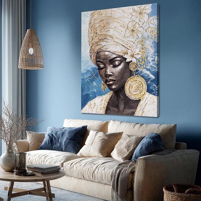 Dolidoteart Blue Gold Black Woman Wall Art, Large African American Canvas Wall Art for Living Room Bedroom Office, Modern Portrait Wall Art Print, 32x48 Inch