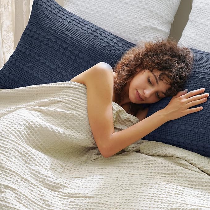 PHF 100% Cotton Waffle Pillow Shams Queen Size, 2 Pack 20" x 30" Soft Skin-Friendly Pillowcases, No Filling, Aesthetic Woven and Breathable Waffle Weave Pillow Case Covers for Bed, Indigo