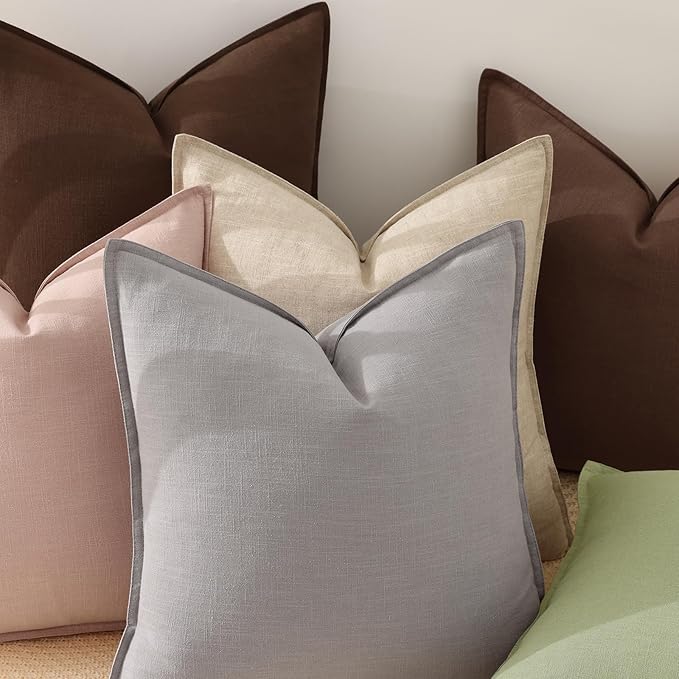 decorUhome Summer Decorative Linen Euro Sham Throw Pillow Covers 24x24 Inch Set of 2 Pink Pillow Covers with Flange Edges Soft Farmhouse Boho Accent Pillow Cases for Couch Bed Living Room