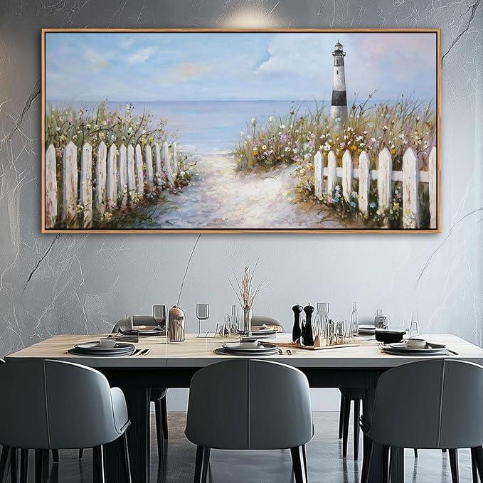 Ocean Wall Art for Living Room - Coastal Canvas Artwork for Walls, Vintage Landscape with Lighthouse, Farmhouse Beach Pictures, Framed Bedroom Wall Decor 29×58IN