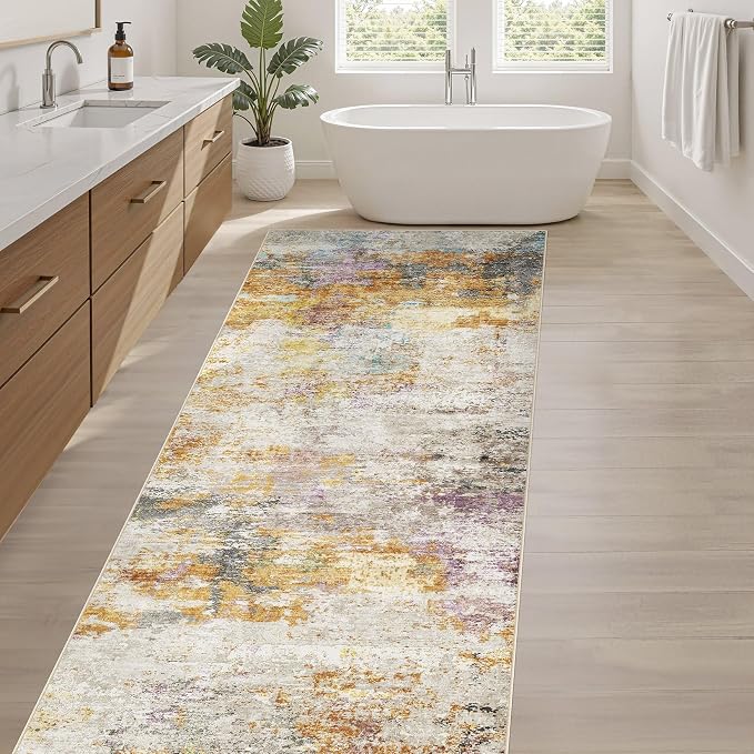 Runner Rug Kitchen Washable Rugs: 2x10 Non-Slip Abstract Soft Modern Stain Resistant Indoor Floor Neutral Accent Throw Carpet for Hallway Bathroom Laundry Room Entryway Bedroom- Gold Colorful