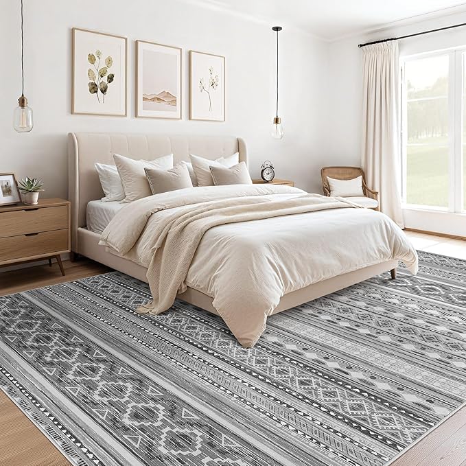 cotiled 9x12 Area Rug Living Room: Washable Boho Rugs with Non Slip Backing Large Soft Indoor Stain Resistant Carpet for Bedroom Farmhouse Dining Room Lightweight Home Decor Beige Grey