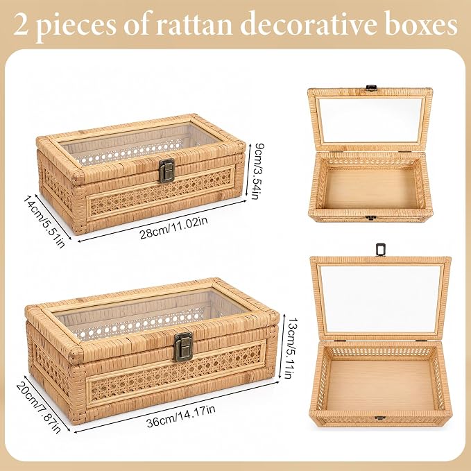 EupHHonycs Rattan Decorative Box with Lid Large Decorative Box Lid Display Rectangular Woven Boxes with Glass, Set of 2