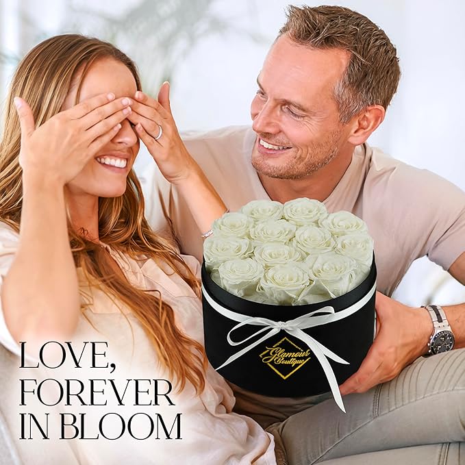GLAMOUR BOUTIQUE Flowers Forever Gift Box, 12 Real Preserved Roses in Velvet Black Box, Floral Gift for Her, Mom or Wife for Birthday, Mother’s Day, Anniversary or Graduation, White (Color-Treated)