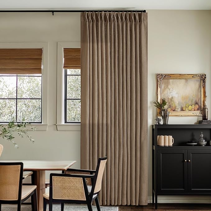 100 Inch Linen Curtains 2 Panels Set Pinch Pleated for Living Room Bedroom Memory Training Shaped Semi Sheer Dutch Cocoa Pinch Pleat Drapes Hooks Rings Light Filtering Window Curtain Drapes