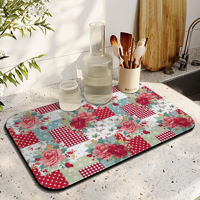 Coffee Bar Mat Accessories for Countertop - Absorbent Anti-Slip Silicone Flower Dish Drying Mats for Kitchen Counter Draining Pad Decor Gift - Fit Coffee Maker, Espresso Machine - 19x12in