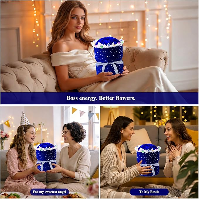 Forever Blue Roses Bouquet Preserved Flowers with Lights for Delivery, 100% Real Immortal Eternal Flower with Rhinestones in Velvet Box,Birthday for Her Mom Women Wife Girlfriend