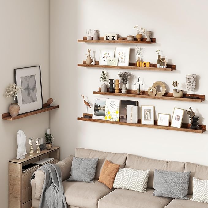 FLYJOE Picture Ledge Shelf, Floating Shelves Set of 2, 32 Inches Nursery Book Shelves for Toys Storage, Kids Bookshelf Wall Mounted for Living Room Bedroom Decor Books Photo Frames, Walnut