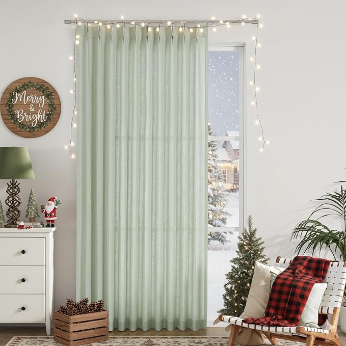 Vision Home Soft Green Pinch Pleated Semi Sheer Curtains Textured Linen Blended Light Filtering Window Curtains 102 inch for Living Room Bedroom Patio Pinch Pleat Drapes with Hooks 1 Panel 60"Wx102"L