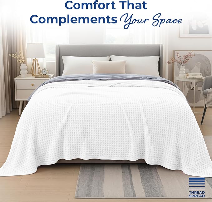 THREAD SPREAD 100% Cotton Waffle Blanket King Size - Soft Lightweight Breathable Waffle Weave King Size Blanket for All Season, Textured Throw Blankets for Bed, Sofa, Hotel, Hospital - White