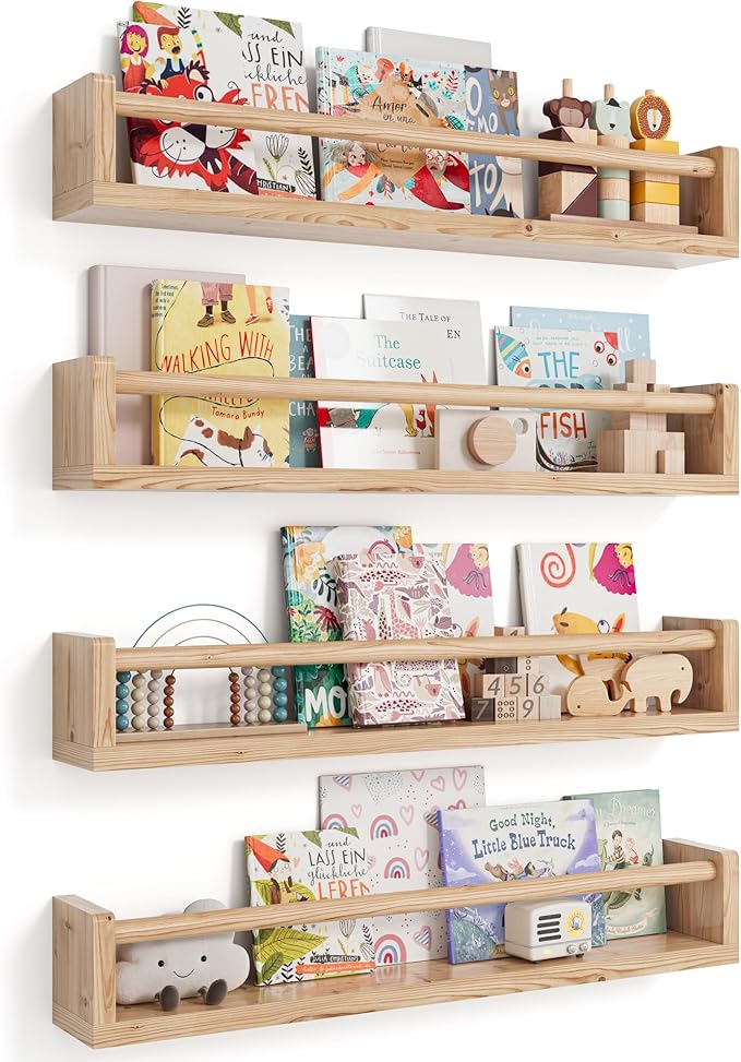 Seocry Nursery Book Shelves, 4 Pack, Wall Book Shelves for Kids Room, Baby, Toddler, Nursery Decor (Wood, 23 Inches)
