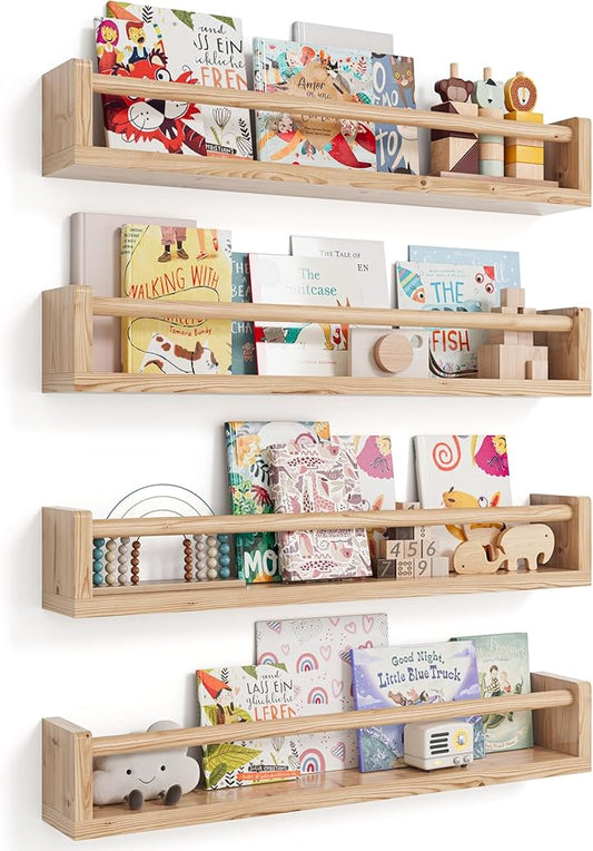 Seocry Nursery Book Shelves, 4 Pack, Wall Book Shelves for Kids Room, Baby, Toddler, Nursery Decor (Wood, 23 Inches)
