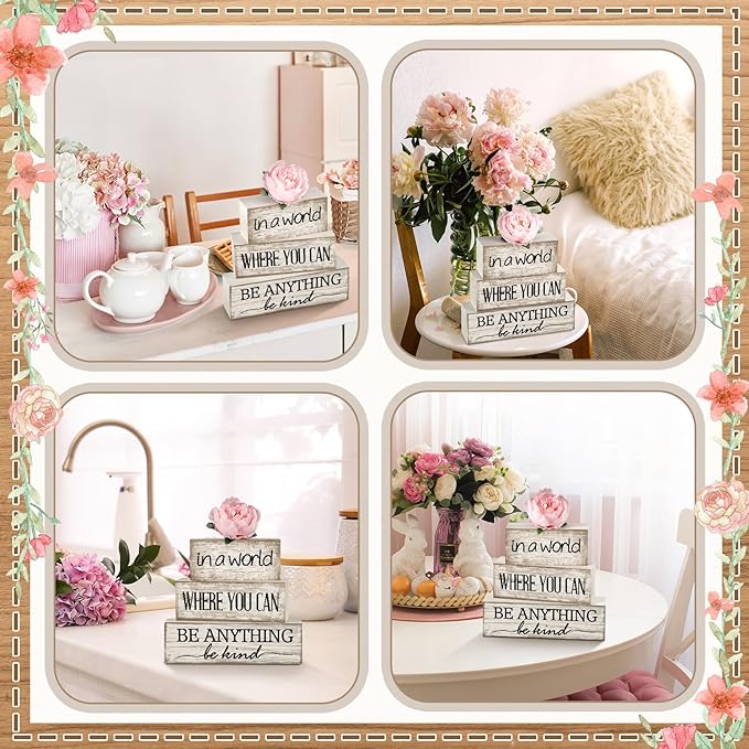 Yuntau 4 Pcs Farmhouse Flower Wooden Tabletop Decor Farmhouse Tiered Tray Decor Rustic Faux Decorative Wood Block Sign Inspired Gift Centerpiece Table sign for Home Shelf Supplies