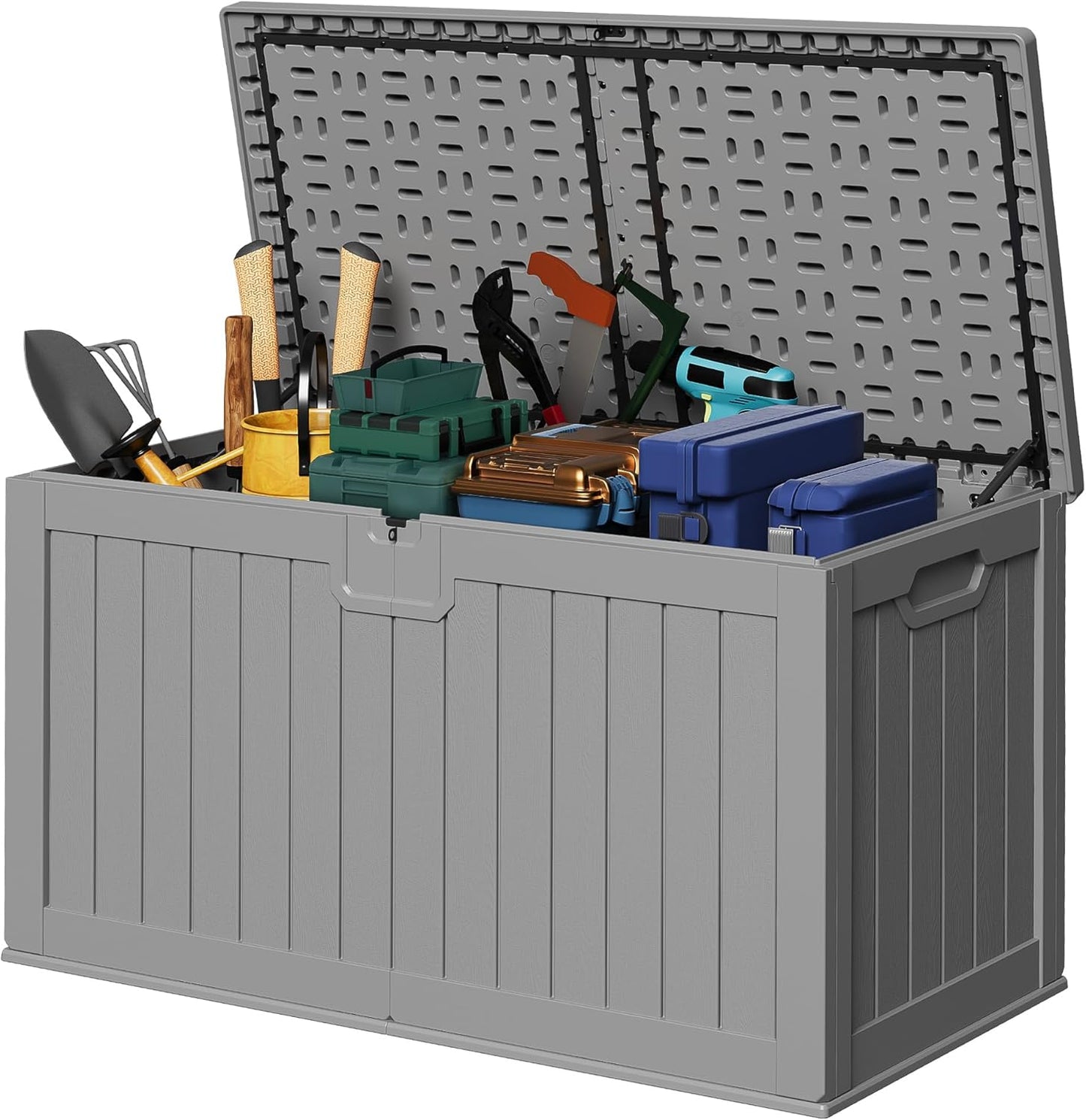 Devoko 240 Gallon Double-Wall Deck Box with Divider, Side Handles, Resin Outdoor Large Storage Box Waterproof and Lockable for Patio Furniture, Garden, Pool (Grey)