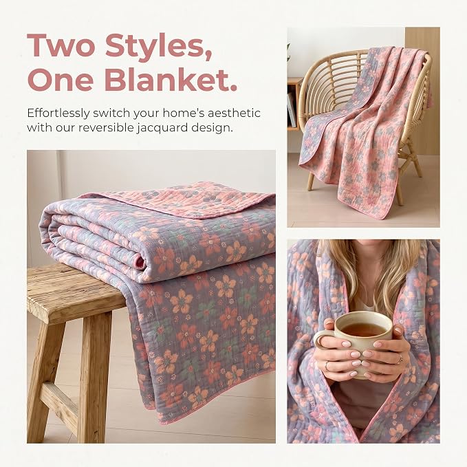 NIDITW Checkerboard Cotton Muslin Throw Blanket for Couch 6-Layer Checkered Gauze Blanket Soft Breathable All Season for Couch Bed Sofa (Pink Flower, Queen)