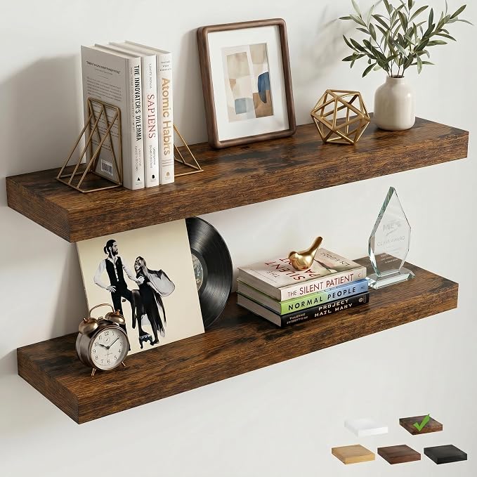 32 Inch Floating Shelves for Wall, 8"D Wood Storage Shelves, Brown Finish | Engineered Wood, Invisible Bracket, Large Storage, Easy Install, Hold Up to 55lbs, Living Room, Bathroom, Bedroom, Kitchen