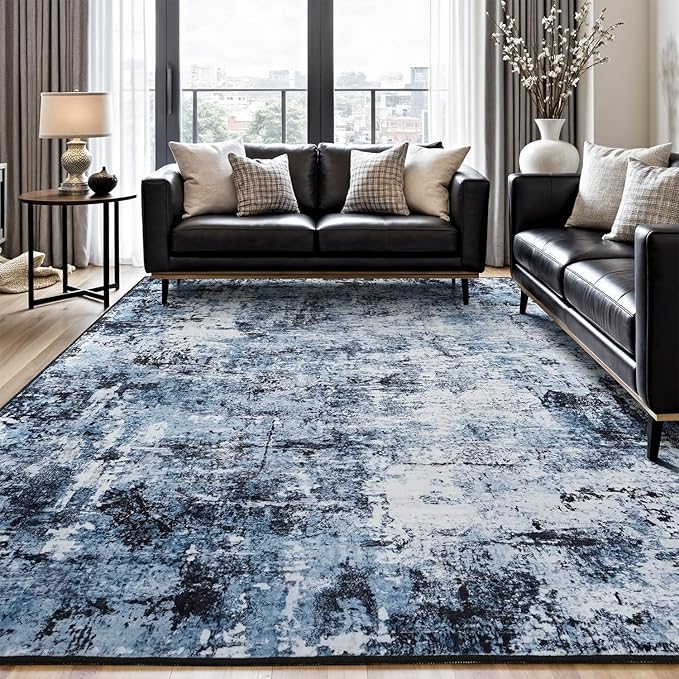 Rugflix 10x12 Area Rugs for Living Room, Washable Large Rug Stain-Resistant Low Pile, Modern Dark Carpet for Dining Room Home Office Kid Room Nursery Bedroom, Navy Blue/Black