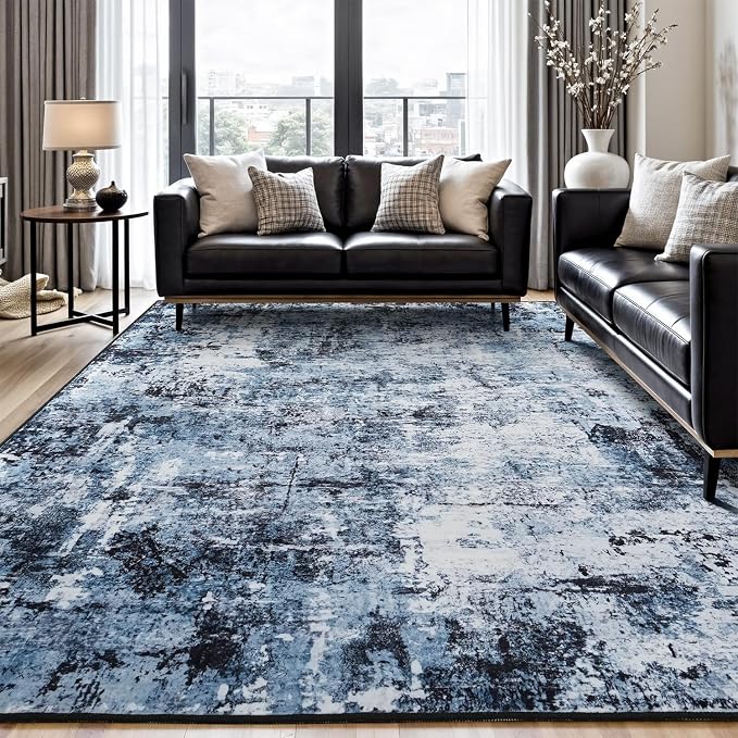 Rugflix 7x10 Area Rugs for Living Room, Washable Large Rug Stain-Resistant Low Pile, Modern Dark Carpet for Dining Room Home Office Kid Room Nursery Bedroom, Navy Blue/Black