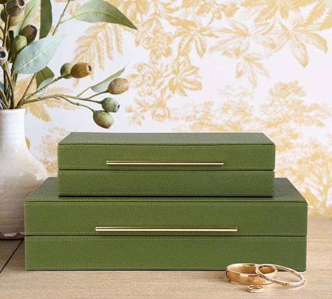 HofferRuffer Faux Leather Decorative Boxes Set of 2, Large Nesting Keepsake Box Accessory Organizer Jewelry Organizer with Hinged Lid, Stacking Storage Box Container for Home or Office (Green)
