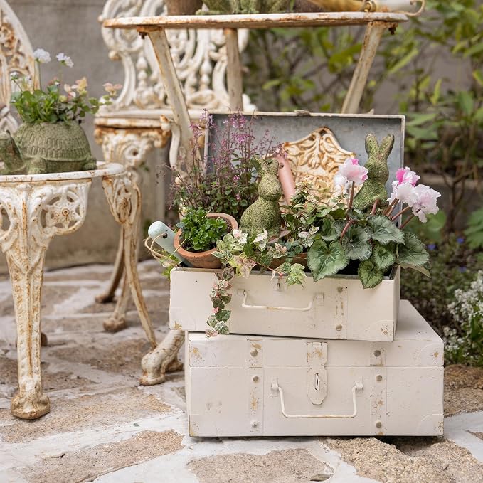 Vintage Metal Storage Trunks - Set of 2, Antique Decorative Storage Chests with Lids, Decorative Suitcase Boxes, Vintage Suitcases for Keepsakes and Home Decor, White