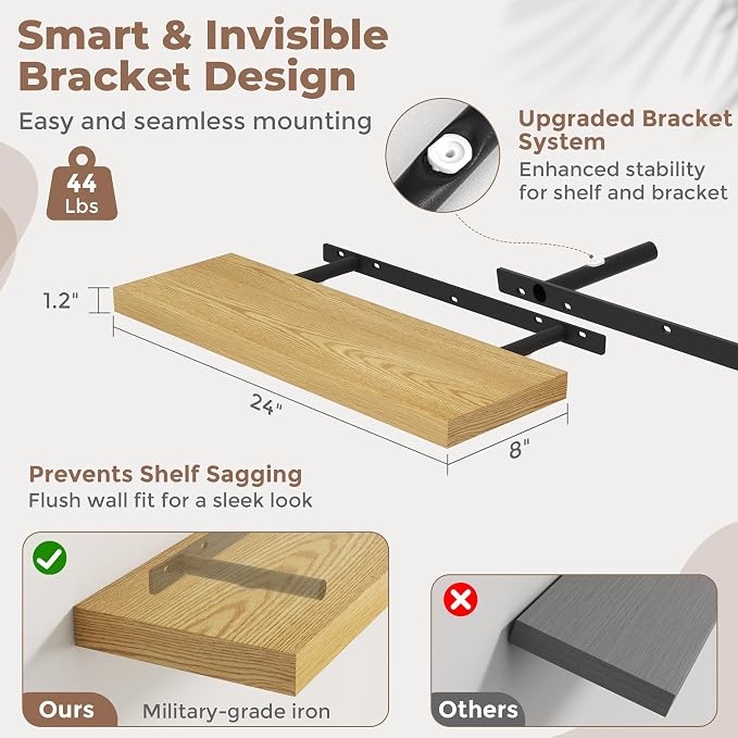 24 Inch Floating Shelves for Wall with Invisible Brackets Set of 2, 8"D Engineered Wood Wall Shelves with Wood Grain for Living Room, Bedroom, Bathroom, Kitchen Decor and Storage, Oak Finish