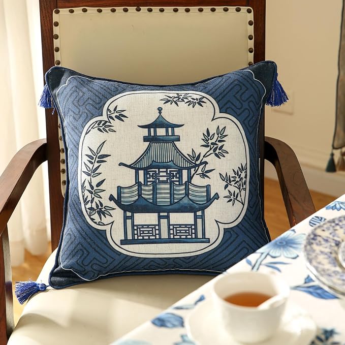 bilin gaier Designer Linen Throw Pillow Covers,18"x18" Set of 2-Suqing B | Chinoiserie Elegant Square Blue Pillow Cover,Concealed Zipper Design,Sofas,Bedroom,Living Room,Dining,Lounge Chairs