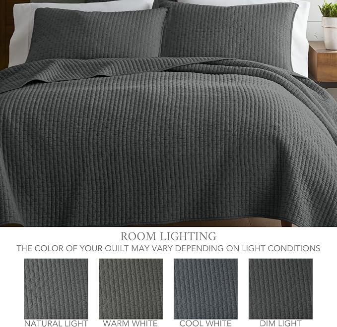 Levtex Home Cross Stitch Reversible Twin Bedspread Set (84x104in) with 1 Pillow Sham (26x20in) - Stitch Texture - Charcoal - Cotton Twin Size Bedspread Set - Lightweight, Soft, Pre-Washed