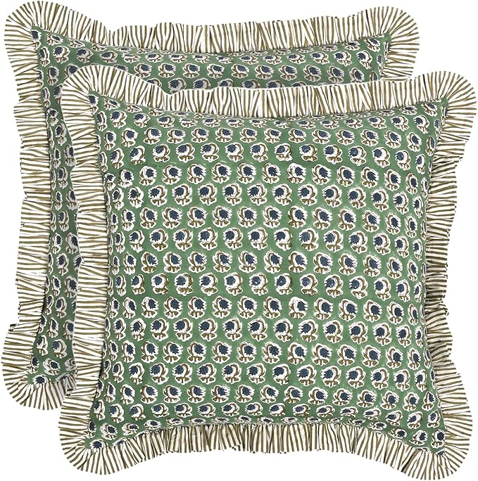Ridhi Block Print Basil Green Throw Pillow Cover 20" x 20" (Pack of 2) Decorative Cushion Covers with Ruffle for Couch, Sofa, Bed, Living Room, Home Decor Gift for Spring, Easter, Valentine