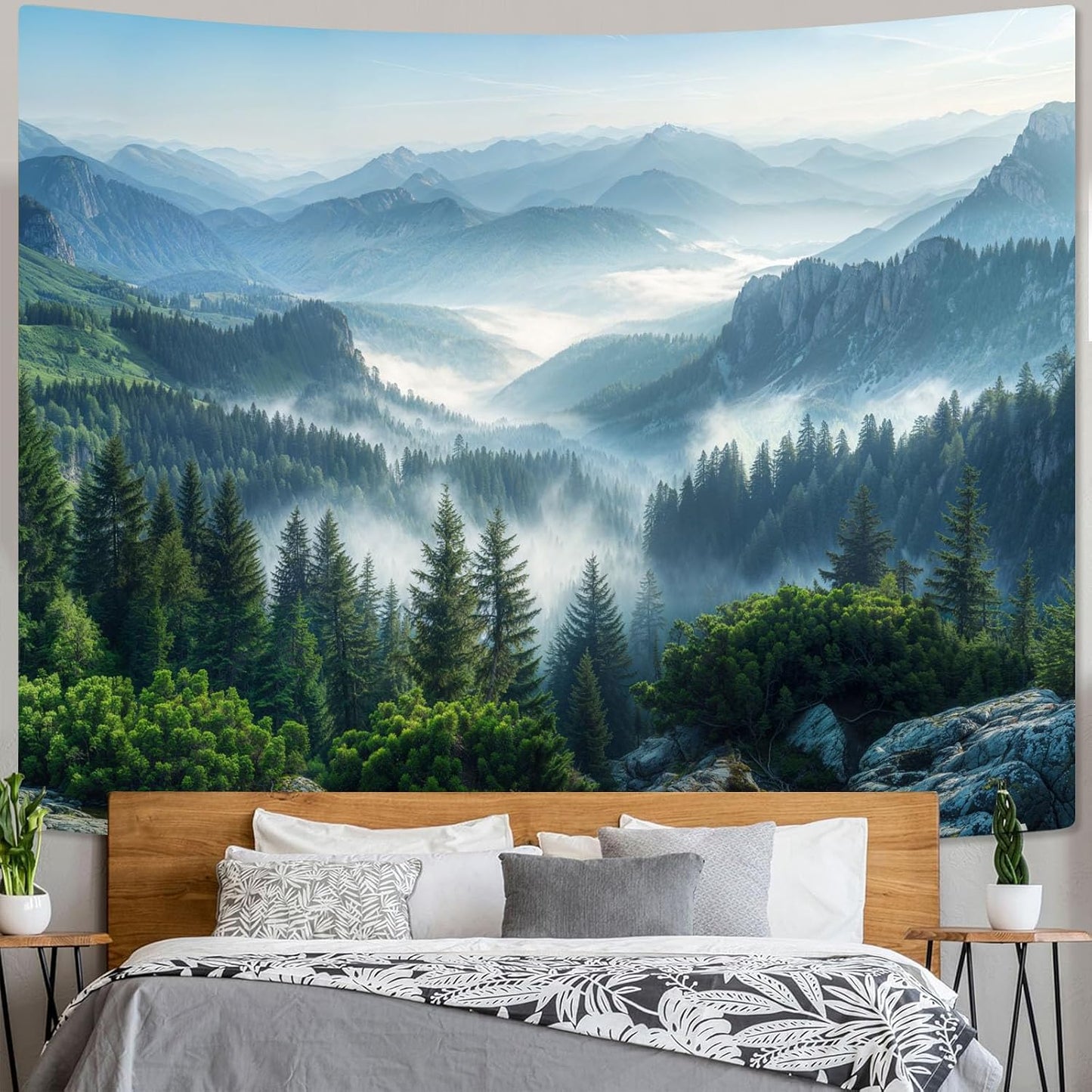 AMM Nature Forest Mountain Tapestry Green Misty Pine Tree Tapestry for Bedroom Aesthetic Foggy Woodlands Sky Landscape Tapestries Wall Hanging for Living Room Dorm 60 x 44 Inch