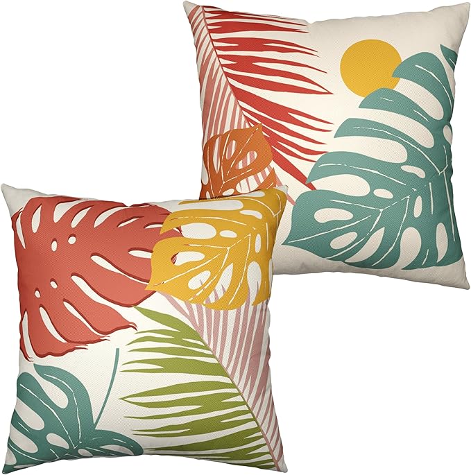 Set of 2 Summer Tropical Leaves Throw Pillow Covers for Sofa Patio Home Decor Palm Leaf Pillow Covers Abstract Sun and Monstera Leaf Cushion Case 24x24