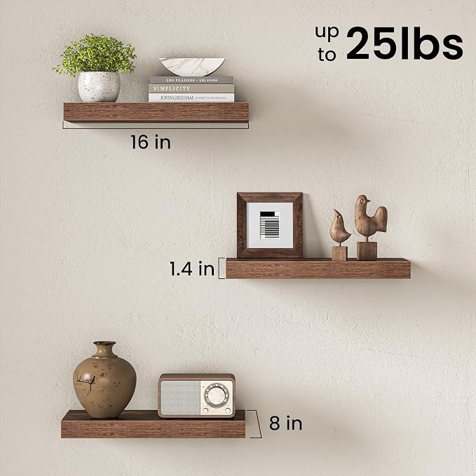 Fun Memories 16Inch Floating Shelves for Wall, 8 Inch Deep Shelves for Bathroom|Bedroom|Kitchen Wall Mounted, Wood Hanging Shelf with Invisible Brackets for Home Storage Decor, Rustic Brown - 2 Pack