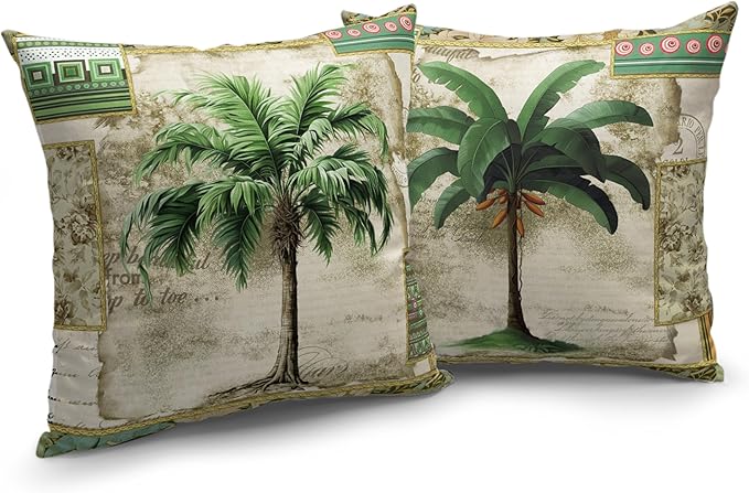 Tropical Palm Banana Tree Throw Pillow Covers Hawaii Coconut Tree Decorative Pillow Covers Vintage Cushion Case 20x20 for Living Room Indoor Outdoor Decor Set of 2