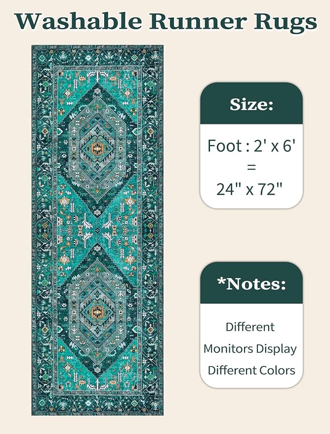 SERISSA Boho Washable Runner Rug, 2x6 Rug Runner Non-Slip Vintage Teal Hallway Kitchen Runner Rug Ultra Soft Print Distressed Tribal Floor Carpet Runner for Bedroom Bathroom Laundry Living Room