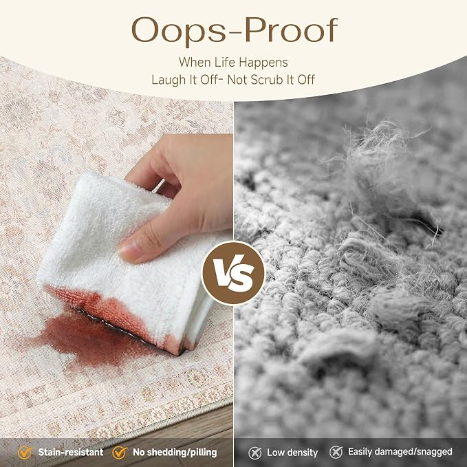 3x5 Washable Neutral Area Rug for Living Room Beige Apricot Floral Non Slip Low Pile Large Rug Indoor Vintage Carpet Bedroom Dining Room Nursery Office Playroom