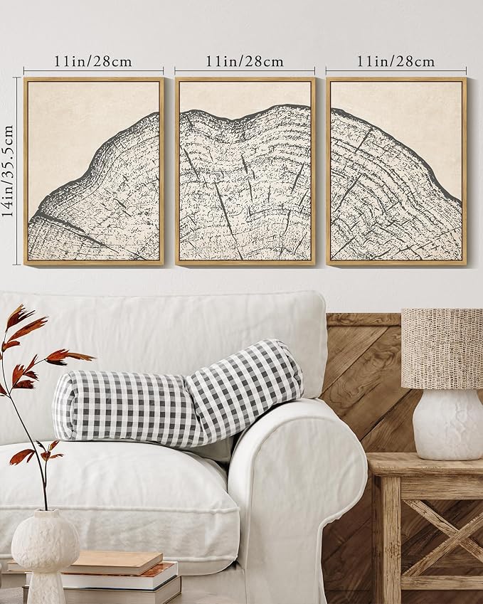PHOPAGO Farmhouse Vintage Framed Wall Art Set Gray Wood Tree Ring Spirals Nature Abstract Drawings Rustic Modern Art Decor for Living Room Bedroom - 11x14in Natural Framed
