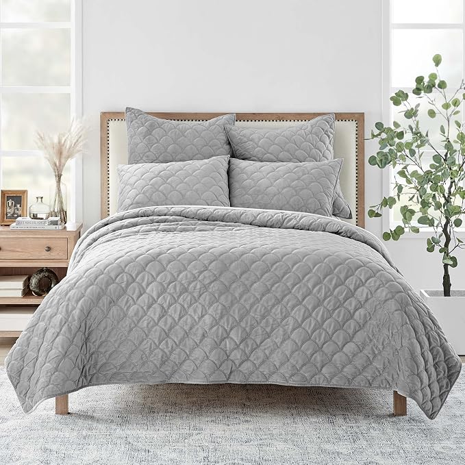 Levtex Home - Light Grey Velvet Quilt Set - King Quilt and Two King Shams - Velvet - Light Grey - Quilt (106x92in.) and Shams (20x36in.) - Reversible - Polyester/Polyester