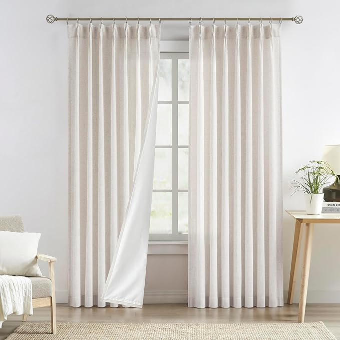 Central Park Natural Pinch Pleat Light Filtering Curtain with Microfiber Liner Linen Blended Textured Window Treatment Privacy Drape 84 Inch for Living Room Bedroom with Back Tabs Hooks, 40" Wx84 Lx2
