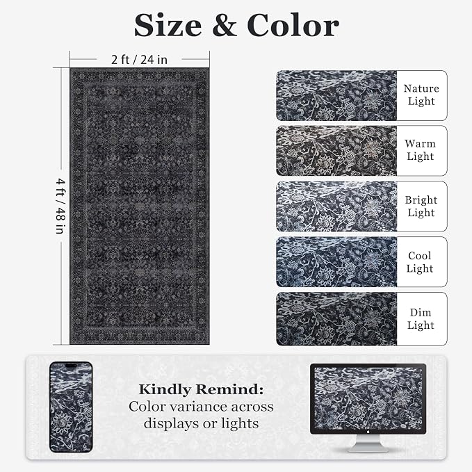 Dark 2x4 Entryway Rug, Vintage Door Mat Indoor Entrance Entry Way, Washable Non Slip Low Pile Thin Small Runner Rug for Kitchen Floor Sink Area Bathroom Bedside, Earth Tone Muted Midnight