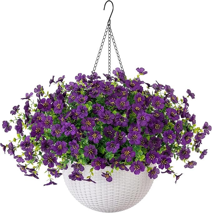 HyeFlora Artificial Faux Hanging Flowers Plants Basket for Outdoor Outside Decoration, Fake Silk Colorful Daisy in Planter for Porch Patio Garden Yard Home