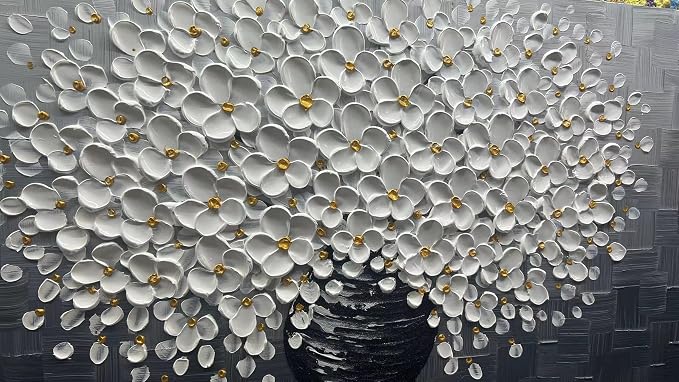 YaSheng Art - Oil Painting Wall Art hand painted White Floral Artwork 3D Thick Texture Black and White Floral Vase Canvas Wall Art Modern Abstract Art Home Bedroom, Dining Room, Living Room, Office Wall Decor 24x48inch