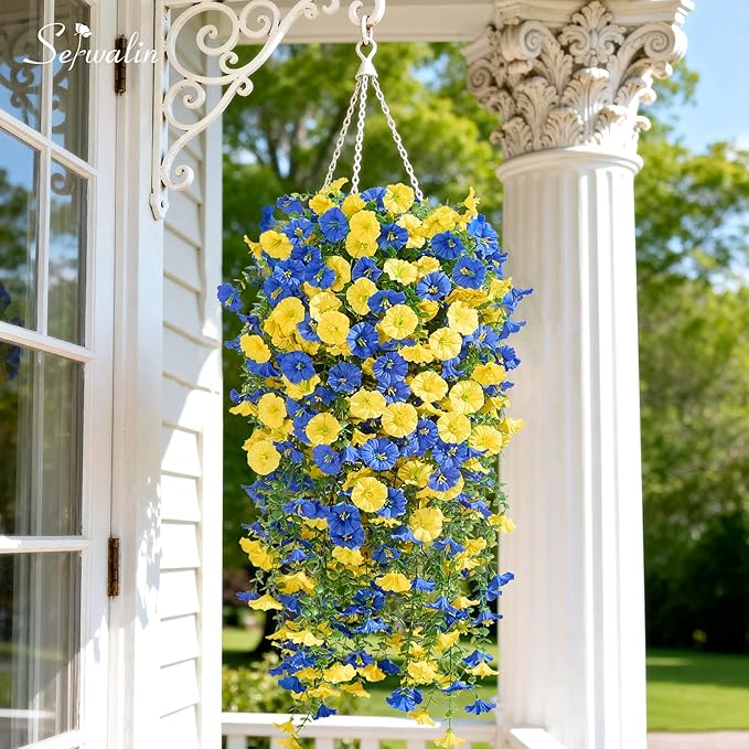 Serwalin Artificial Hanging Flowers for Outdoors Faux Plants, 4PCS Faux Morning Glory Fake Outdoor Flowers UV Resistant Realistic Silk Flower for Outside Planter Front Door Porch Patio Yard Decor