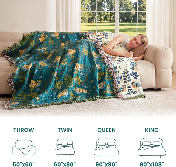 MSGKV Boho Throw Blanket 100% Cotton Blankets for Bed Couch 60"x80", Summer Breathable Farmhouse Bird Blankets Quilt Muslin Home Decor