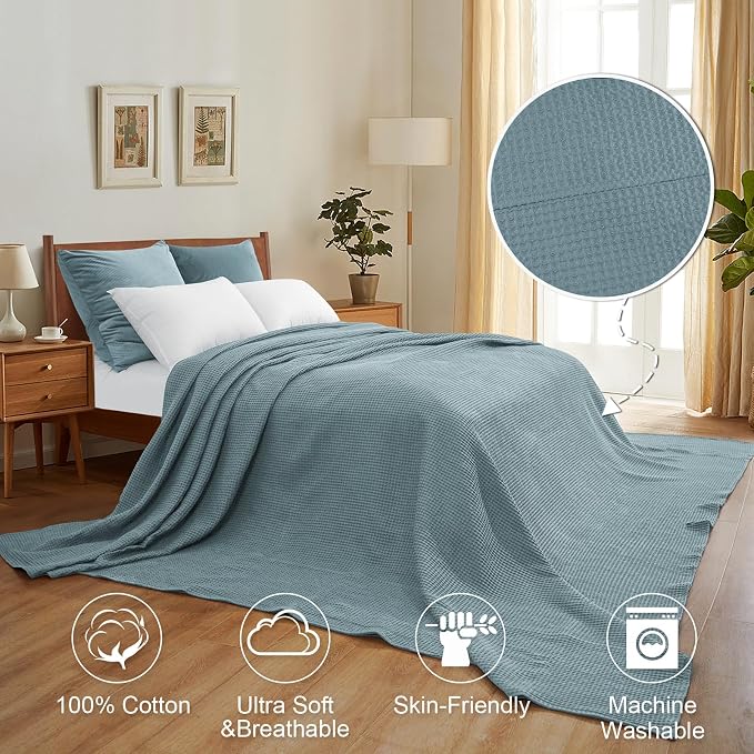 PHF 100% Cotton Waffle Weave Family Blanket Oversized King 120"*120", Pre-Washed Lightweight Breathable for Spring Summer, Machine Washable,10'x 10' Huge Extra Large Big, Home Decoration Gift - Ocean