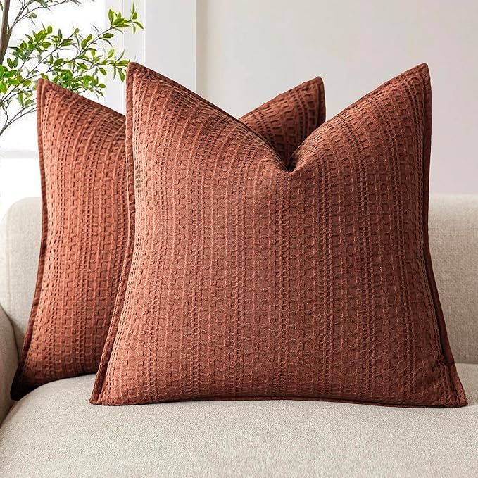 Foindtower Set of 2 Decorative Cotton Waffle Weave Throw Pillow Covers Euro Sham Cushion Covers Accent European Pillowcase For Bed Couch Sofa Bedroom Living Room Home Decor 24×24 Inch Fall Rust Orange