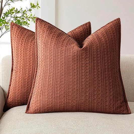 Foindtower Set of 2 Decorative Cotton Waffle Weave Textured Throw Pillow Covers Euro Sham Cushion Covers Accent Pillowcase For Bed Couch Sofa Bedroom Living Room Home Decor 18×18 Inch Fall Rust Orange