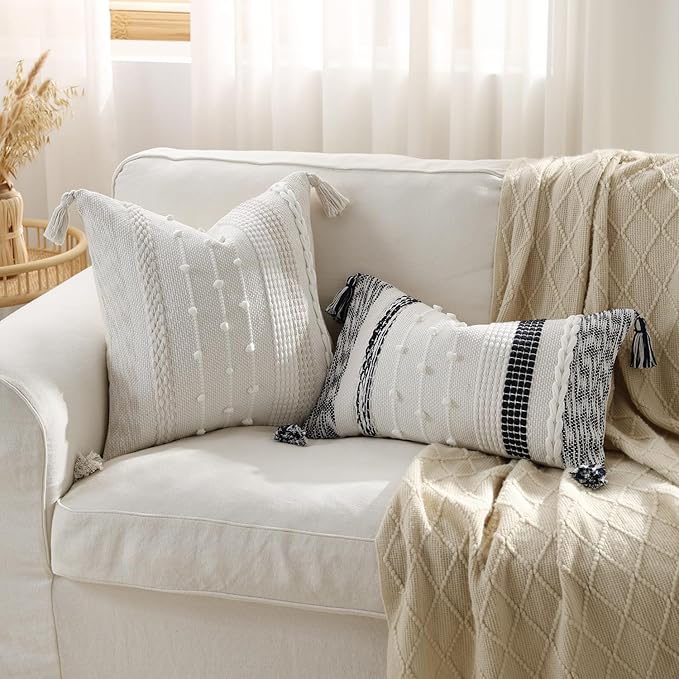 DEZENE Boho Lumbar Pillow Cover 12x20 Navy Blue - Handmade Woven Textured Throw Pillow Case with Cordings & Tassels, Decorative Accent for Couch Sofa Bed Farmhouse Living Room Bedroom Home Decor
