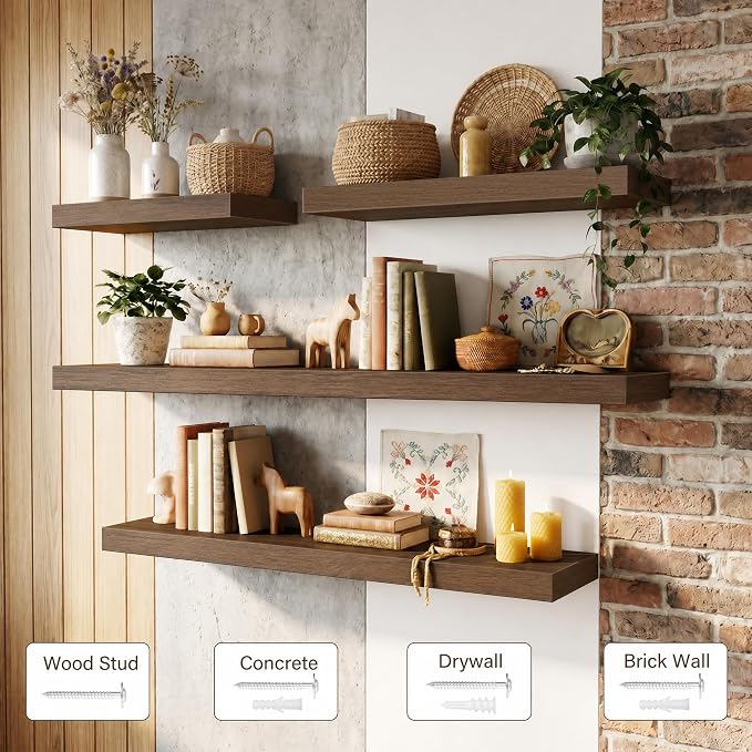 Acovy 10" Extra Deep Floating Shelves for Wall, 48" Long Wood Wall Shelves Set of 2 for Bathroom Bedroom Kitchen Living Room Laundry Room, Modern Floating Shelf for Home Decor