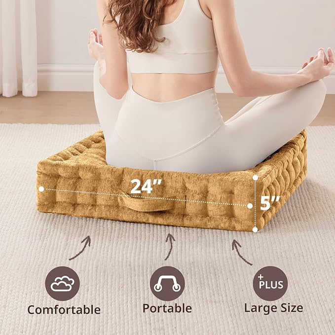 Intelligent Design Azza Floor Pillow, Large Cushions Sitting for Adults, Floor Pillow for Meditation or Yoga, Lustrous Chenille Tufted with Scalloped Edges for Bench/Chair Cushion, 24"x24"x5" Yellow