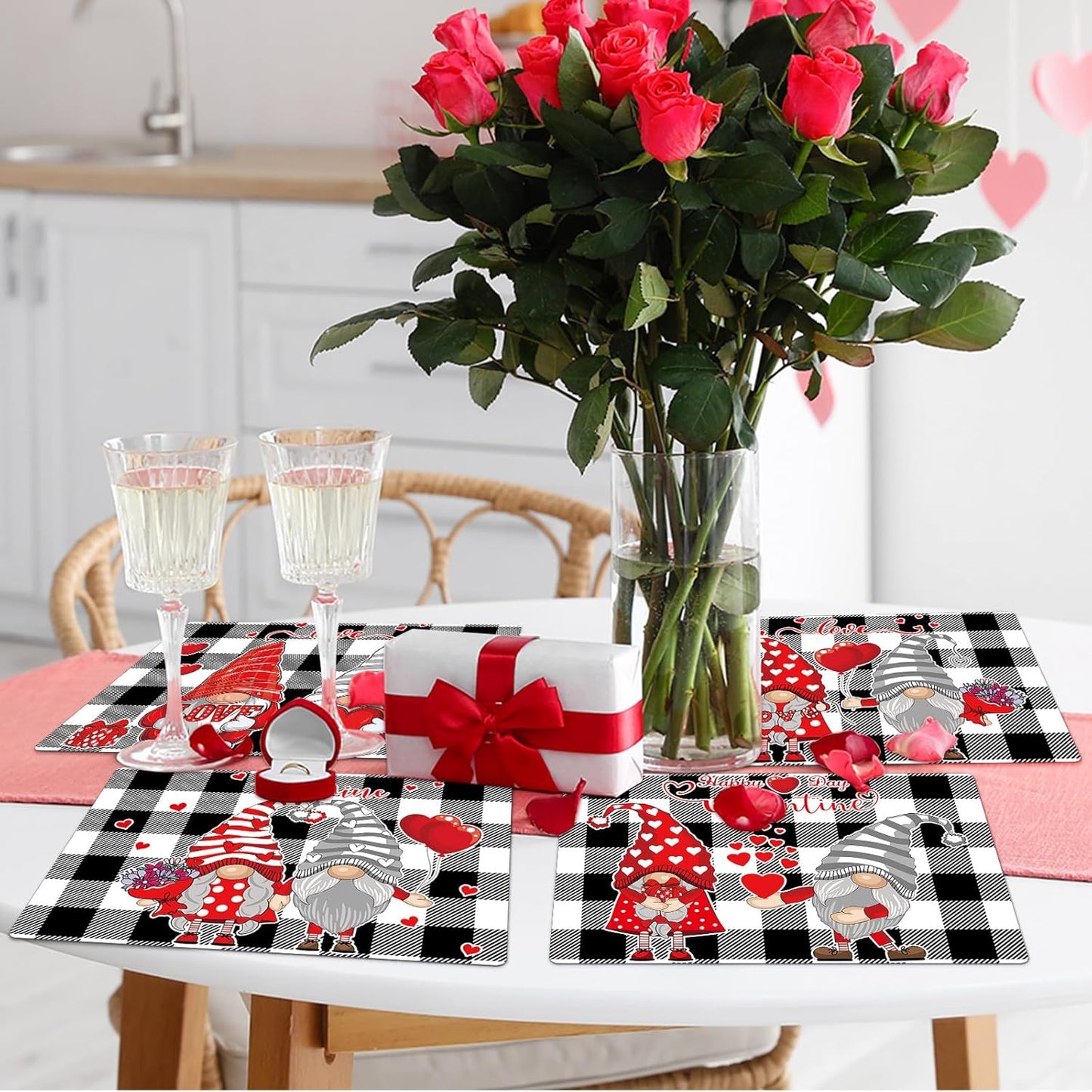 Valentine's Day Placemats Set of 6 Gnomes Plastic Table Mats Buffalo Plaid Place Mats Washable Vinyl Love Hearts Table Decoration for Anniversary Wedding Party Kitchen Dining Table